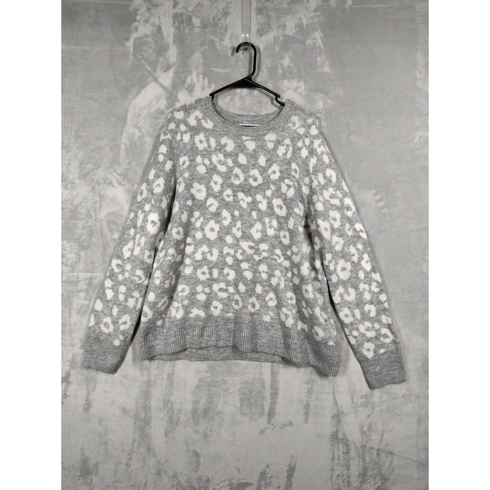 Old Navy Womens XL Grey White Leopard Animal Print Crewβ Neck Knit Sweater 3561